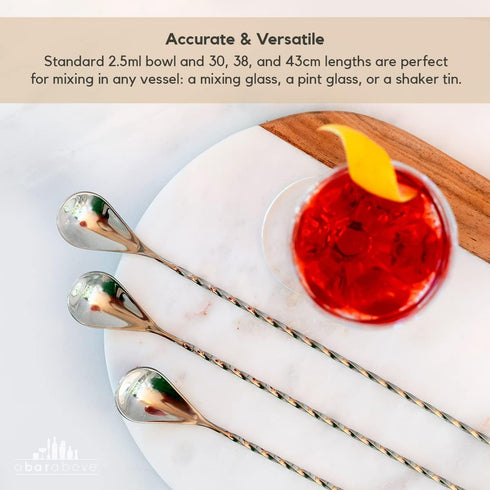 A Bar Above Stainless Steel Cocktail Stirrer Bar Spoon Set, 3 Pieces, 12 , 15 , 17 , Spiral Handle Drink Stirrers