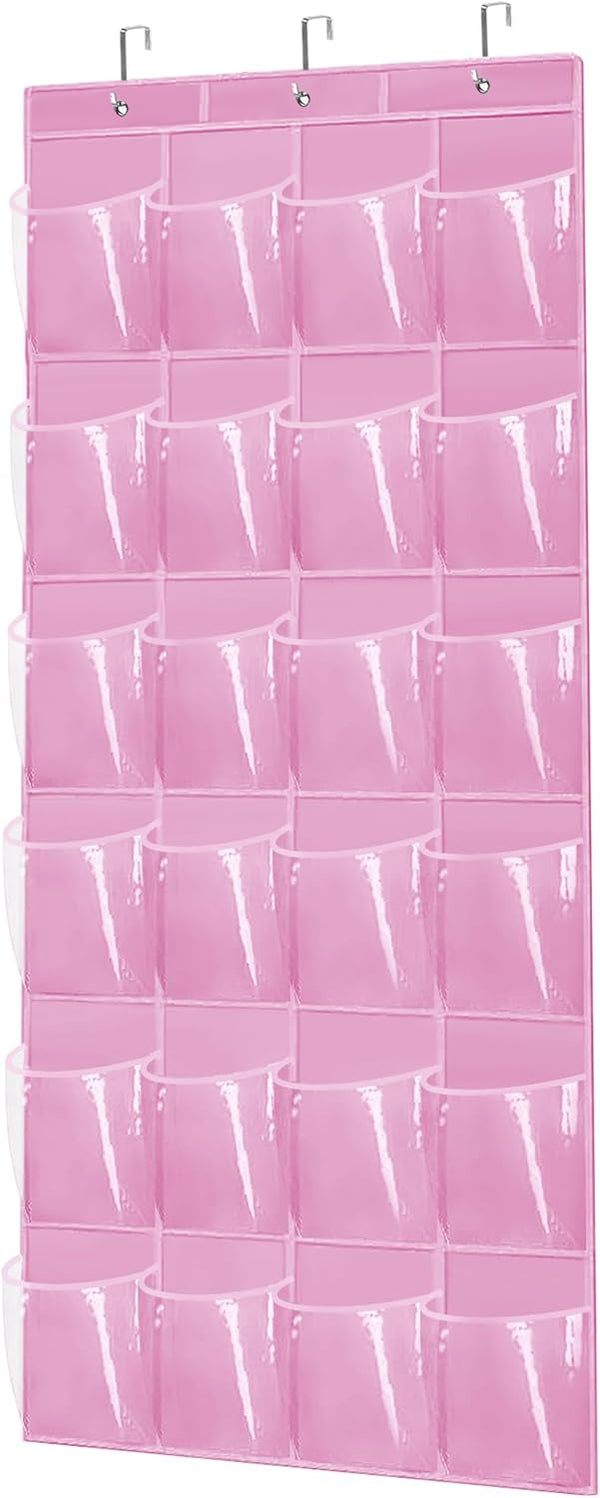Over The Door Shoe Organizer: Space Saving Rack with 24 Pockets, Hook, and Hanging Shoe Holder (Pink)