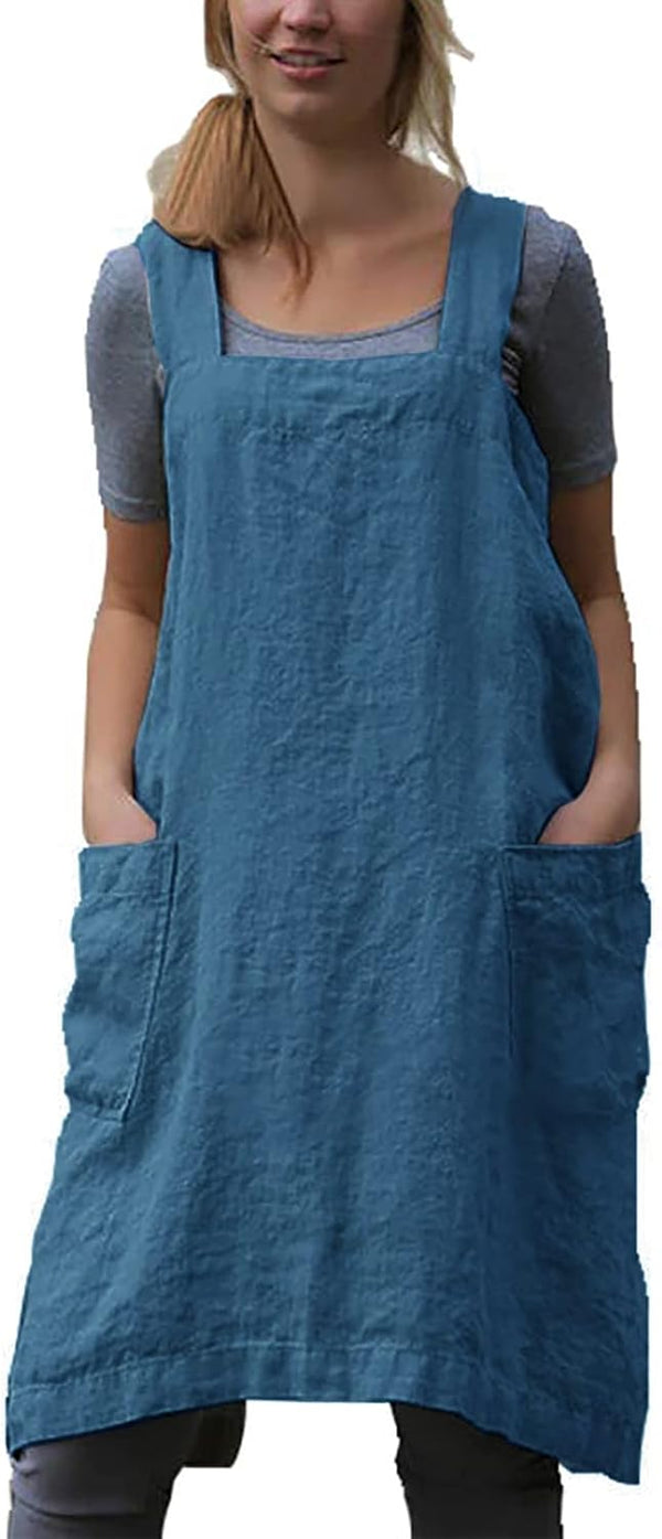Women's Cotton Linen Cross Back Apron Pinafore Dress for Baking, Cooking, Gardening & Work