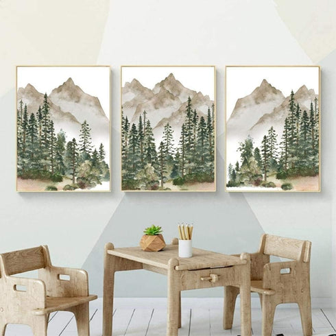 NIUNIU ART Poster-40X50Cmx3 Nursery Wall Decor Mountain Tree Nature Woodland Canvas Print Baby Boy Wall Art Pictures