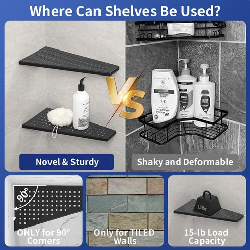 12" 304 Corner Shower Shelf, Matte Black Trapezoid Grout in Shampoo Shelf, Stainless Steel Grid Design Recessed
