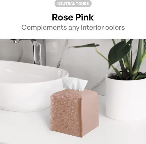 Carrotez Tissue Box Cover, Modern PU Leather Square Holder for Bathroom Vanity Countertop, Night Stands, Rose Pink