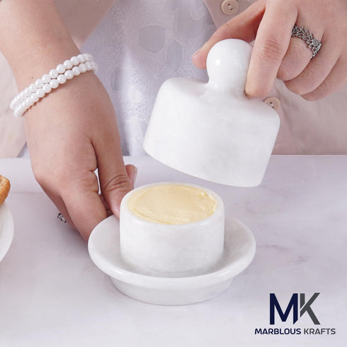 4 Inch Marble Mini Butter Dish with Lid White French Butter Crock Soft Butter Spreader, Butter Keeper for Kitchen Dcor