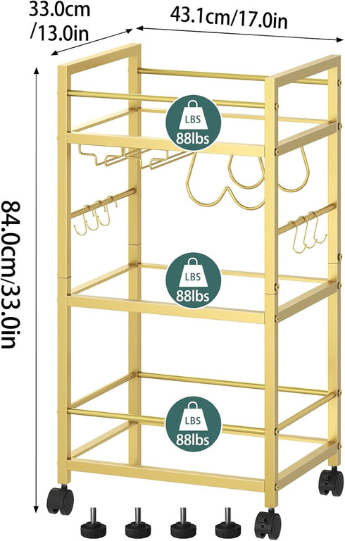 Bar Cart, Serving Cart for Home, Microwave Cart, Drink Cart, Mobile Kitchen Shelf with Wine Rack and Glass Holder