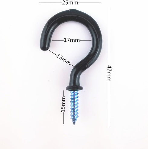 Yueton 50pcs Vinyl Coated Screw-in Ceiling Hooks | Cup Hooks (Black)