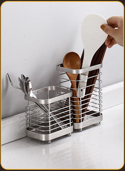 Kitchen Utensil Holder, Stainless Steel Drying Caddy, Rust-Proof Cutlery Organizer for Kitchen Utensils, Silver