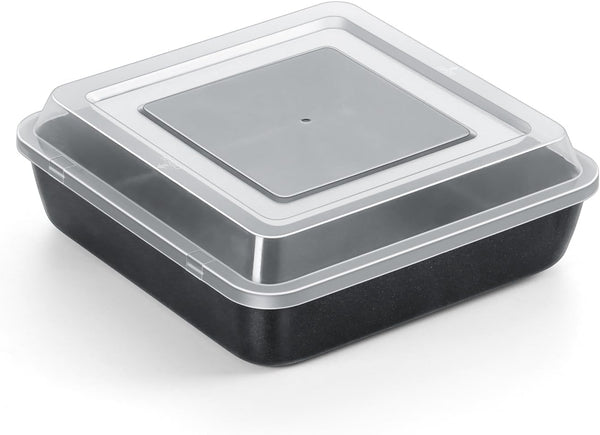 TeamFar 9 Inch Square Cake Pan with Lid, Non-Stick Square Baking Roasting Pan with Stainless Steel Core