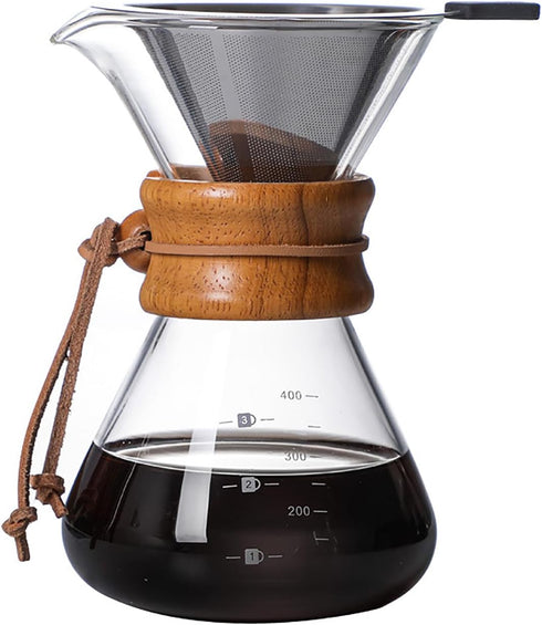 Pour Over Coffee Maker - 400ml/13.5oz Lead-Free Borosilicate Glass Carafe with Reusable Stainless Steel Drip Filter