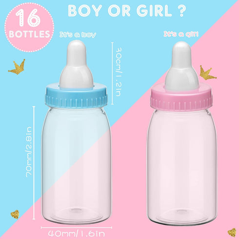 Sieral 16 Pack 4 Inch Candy Bottles for Baby Shower Mini Baby Bottle Gender Reveal Party Favors for Guests Blue Pink
