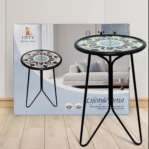 Table,12" LIFFY Outdoor Side Indoor Small Round Glass Tabletop Accent Table with Metal Frame, Home Decorative Plant