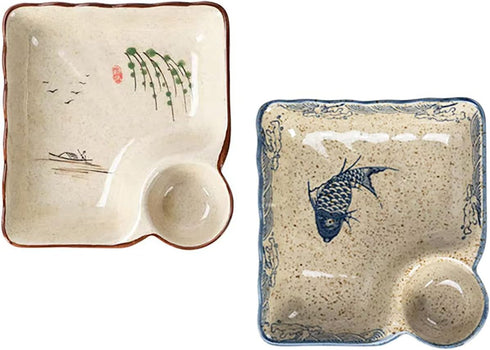 Ceramic Dumpling Plate with Dipping Saucer, Sushi Dish, Serving Plate, Snack Plate, 7.5 Inch - Set of 2