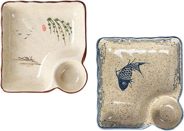 Ceramic Dumpling Plate with Dipping Saucer, Sushi Dish, Serving Plate, Snack Plate, 7.5 Inch - Set of 2