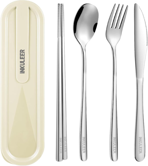 INKULEER Travel Cutlery Set, 18/8 Stainless Steel Reusable Utensils with Case, Portable Silverware Lunch Box (Silver)