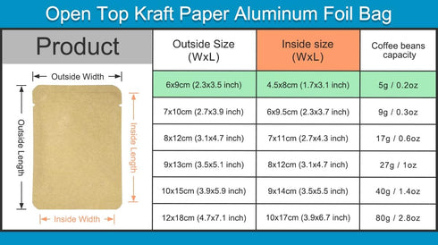 FERENLI 100 Pieces Kraft Paper Open Top Vacuum Sealable Bags, Mylar Foil Heat Seal Pouches for Food Storage