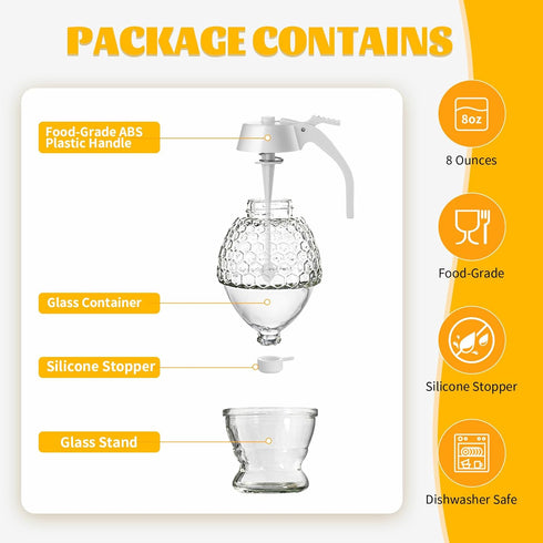 8oz Honey Dispenser, Honey Dispenser No Drip Glass with Stand, Honey Container & Coffee Syrup Dispenser for Tea Time