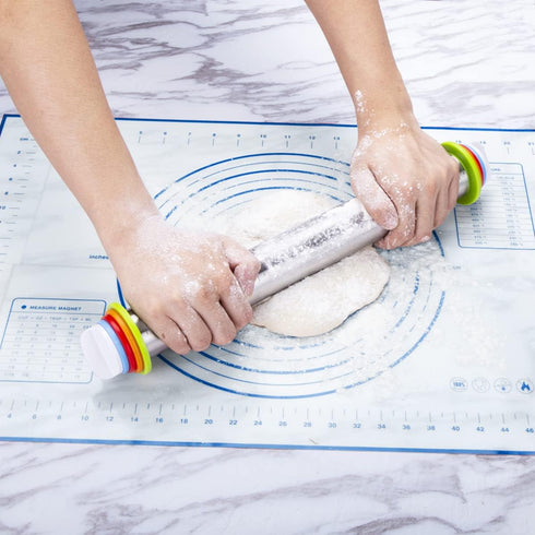 Rolling Pin and Pastry Baking Mat Set with Adjustable Thickness Rings, Stainless Steel Dough Roller for Baking (Blue)