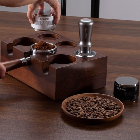 IKAPE Espresso Knock Box, 58mm 6-Hole Espresso Accessory Organizer with Natural Mahogany Tamping Table Base