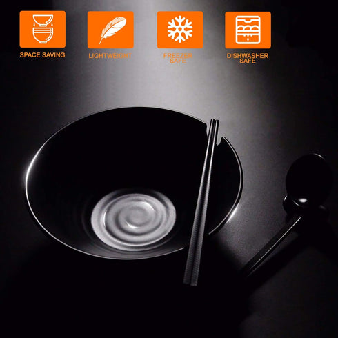 Vivimee Unbreakable Japanese Style Ramen Bowl Set of 2, 37oz Black Large Matte Melamine Bowls with Spoons & Chopsticks