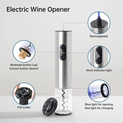 Rechargeable Wine Opener by ELMWAY, Electric Wine Bottle Opener with Foil Cutter, LED Light and Stainless Steel Shell