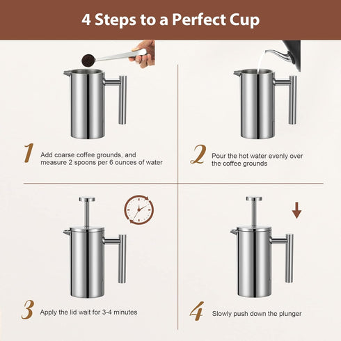 Small French Press Coffee Maker, Double-Wall Insulated, Stainless Steel, 350ML, 12 OZ, Includes 2 Extra Filters