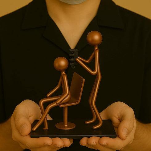 4.25" 4.25" Hairdresser Craft Handmade Figurine L x H Recycled Metal Sculpture & Hand Welded Bronze Finish Art Gift