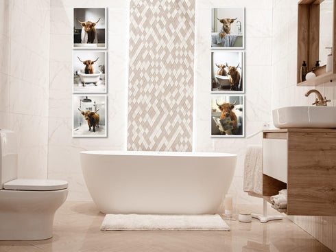 MINI ZOZI Cow Bathroom Decor 8x10, 6PCS Canvas Pictures Wall Decor Funny Highland Cow Prints Art