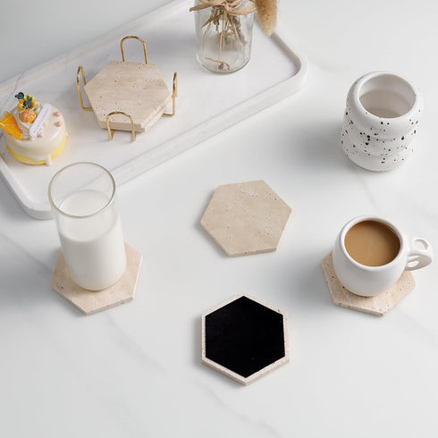 YONGHEE Set 6 Travertine Coasters of with Holder, Hexagonal Rustic Farmhouse Beige Marble Drink Coasters for Coffee