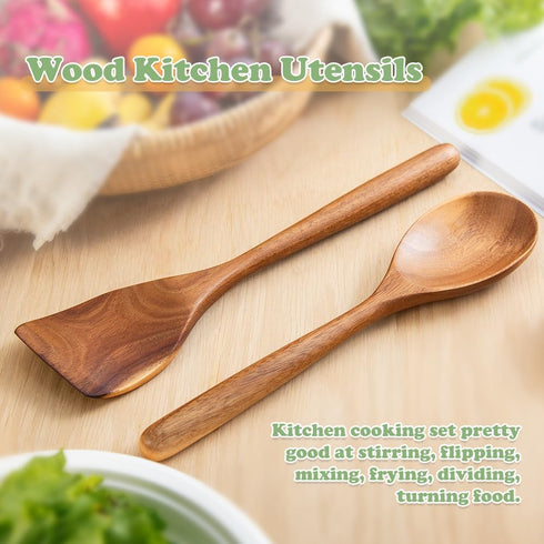 Wooden Cooking Spoon Utensils, 2pcs Set for Kitchen Cooking, Nonstick Cookware Spatulas