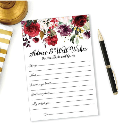 Pack of 50 Wedding Advice Cards for Bride and Groom - Burgundy Well Wishes for Bridal Shower
