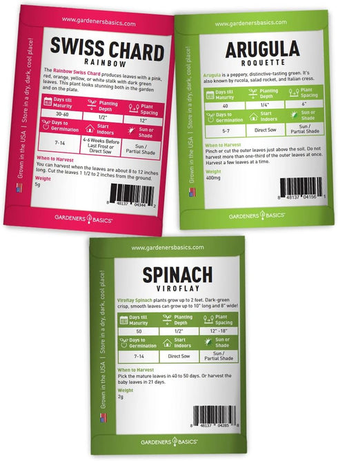 Packets Pack 5 Gardeners Basics Power Greens Seeds for Planting Individual - Arugula, Spinach, Swiss Chard, Kale