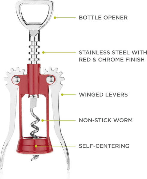 True Soar Winged Corkscrew Wine Opener Manual, Heavy Duty Stainless Steel, Set of 1 Red