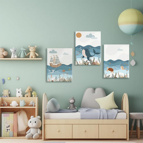 LYPHNX Set 3 12"x16" Framed Blue Ocean Nautical Nursery Canvas Wall Art Sea Turtle Whale Animal Painting Picture
