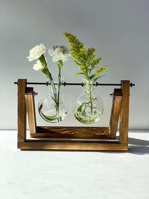 (2 Bulbs) Kingbuy Glass Desktop Planter with Retro Wooden Stand and Plant Terrarium vase for Indoor Office Desk Decor