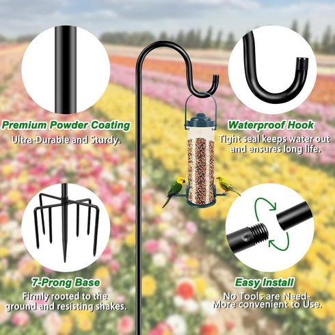 60" 7 Stands,2 Packs ANIDEER Shephards Hook for Outdoor, Heavy Duty Bird Feeder Pole with Base Prongs, Adjustable