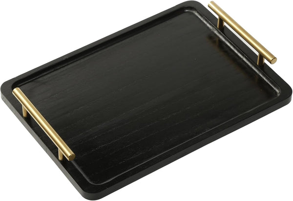 PEKER Wooden Serving Tray with Metal Handles, Black Decorative Coffee Table Tray for