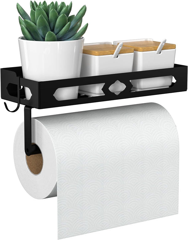 Wall Mount Paper Towel Holder for Kitchen - Self Adhesive Design with Shelf and 2 Hooks for Bathroom, RV