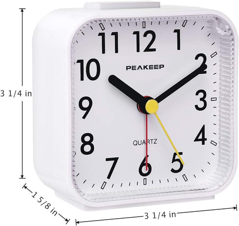 Peakeep Small Battery Operated Analog Travel Alarm Clock, Silent No Ticking with Lighted on Demand and Snooze