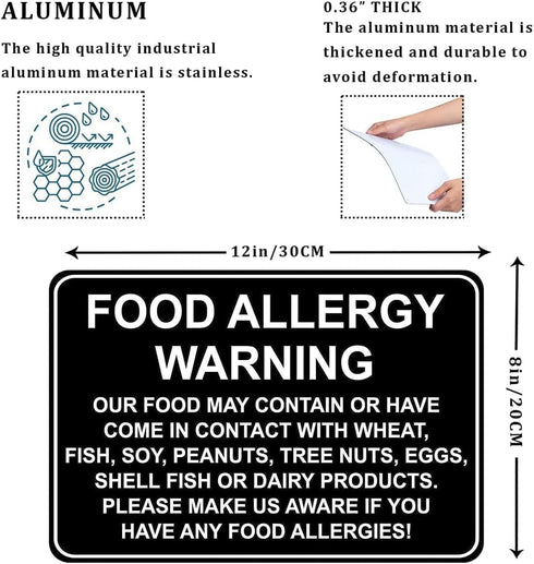 CCPARTON Metal Sign Food Allergy Warning, Caution Aluminum Tin Sign for Home Cafe Bar, 8x12 Inches