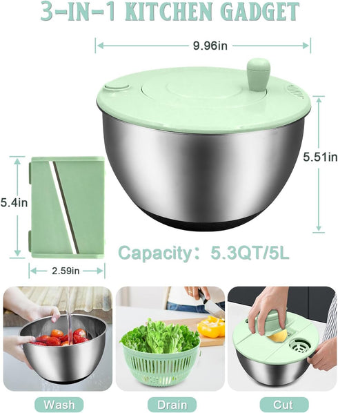 5.3QT 5 Salad Spinner Large,Stainless Steel Lettuce Spinner,Fruit Vegetables Wash Bowl with Blade Slicer,Egg Yolk