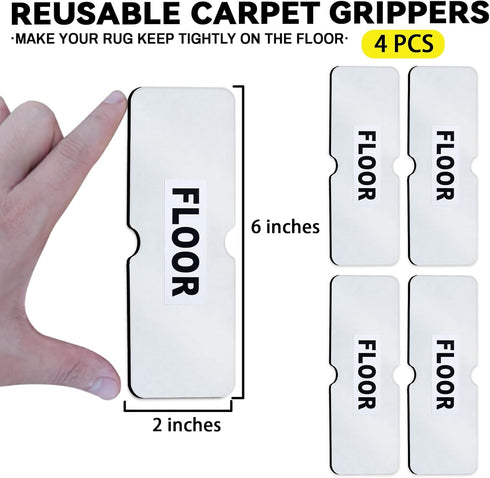 Rug Carpet Non Slip Grippers, Reusable and Washable Double Sided Carpet Tape Pads, Strong Adhesive Grippers for Area Rugs, Keep Corners Flat, No Damaging for Floor Removable, 4Pcs