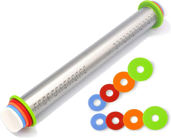 Adjustable 17" Rolling Pin with Thickness Rings, Stainless Steel Dough Roller for Pizza, Tortilla, Pie, Pasta, Cookies