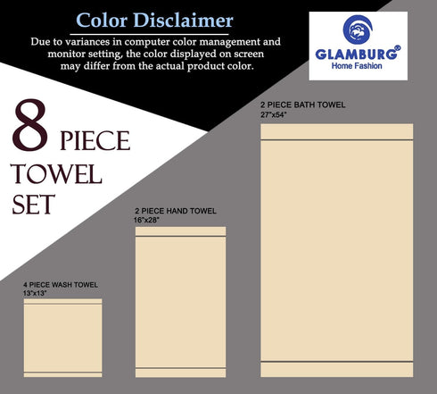 8 Set 100% 2 27x54, 2 16x28, 4 13x13 GLAMBURG Ultra Soft Piece Towel - Pure Ring Spun Cotton, Contains Oversized Bath