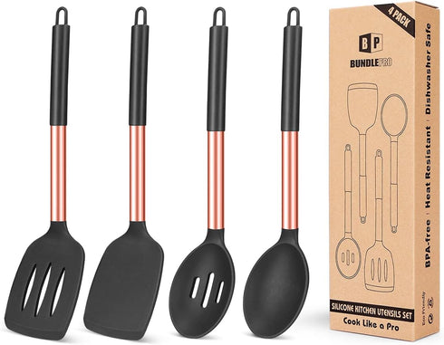 Pack of 4 Silicone Cooking Utensils Set - Non-Stick Heat Resistant Rose Gold Black Slotted Spoons for Frying & Mixing.