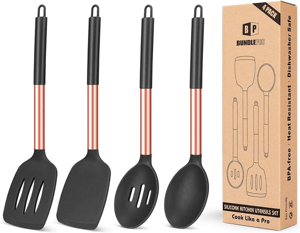 Pack of 4 Silicone Cooking Utensils Set - Non-Stick Heat Resistant Rose Gold Black Slotted Spoons for Frying & Mixing.