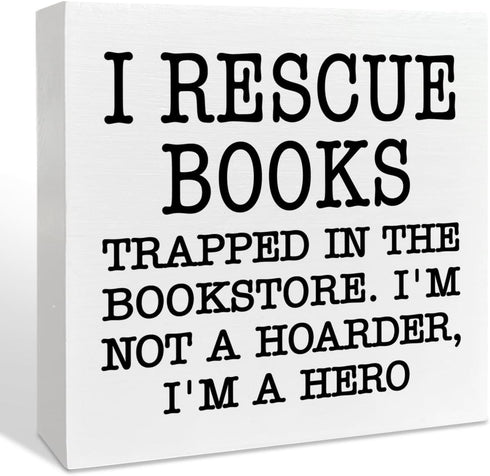NKBINLILI I Rescue Books Library Bookshelf Wood Box Decor Accessories Sign, Bookish Wooden