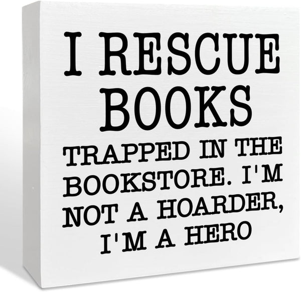 NKBINLILI I Rescue Books Library Bookshelf Wood Box Decor Accessories Sign, Bookish Wooden