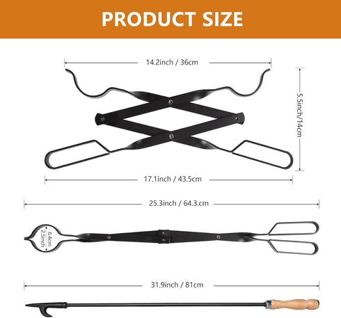 Heavy Duty 32” Long Fireplace Fire Pit Campfire Poker Stick and 26” Tongs Tool Set, Rust Resistant Camping Tools