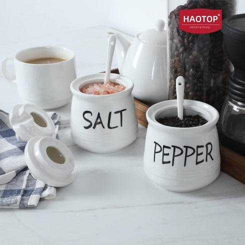 HAOTOP Salt and Pepper Bowls with Lid and Spoon - 12 oz Ceramic Cellar Set, Spice Box for Farmhouse Kitchen Decor