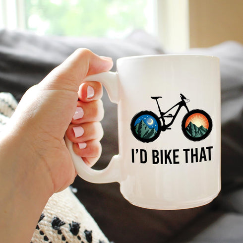 I'd Bike That Coffee Mug, Bicycle Themed Decor and Gifts for Mountain Bikers, Large 15oz White Ceramic Mug