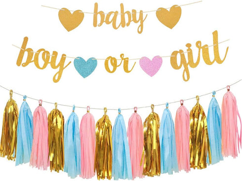 Baby Gender Reveal Decorations - Glitter Letters Banner with Hearts, Tissue Paper Tassels Garland Set